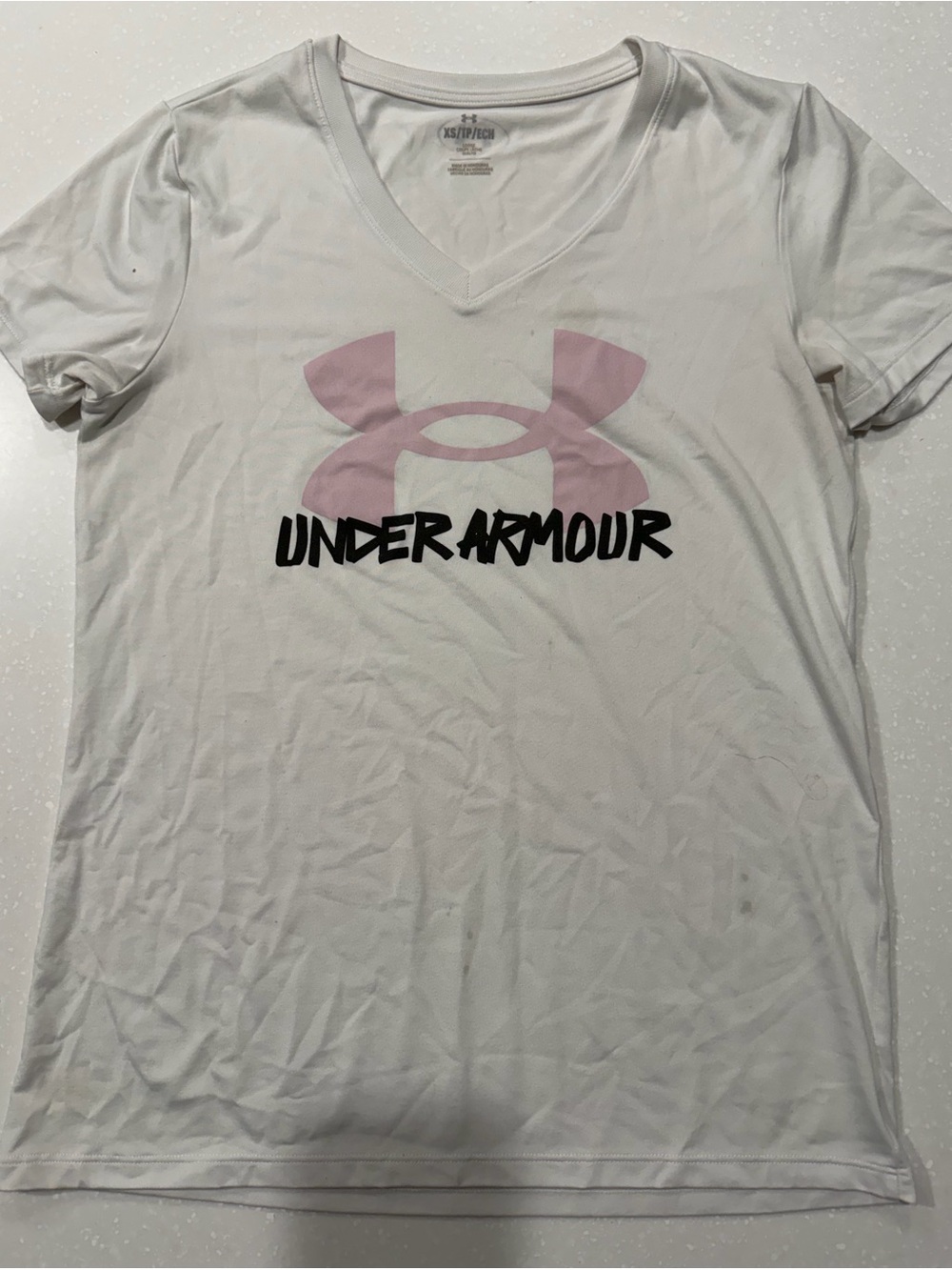 Under Armour White V-Neck Tee with Pink Logo